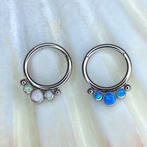 Medical Grade ASTM F-136 Titanium Hinged Ring Forward Facing 3 Opal Beads White/Blue for Daith Septum Piercings size: 1.2 x 8 mm
