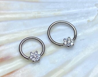 Medical Grade Titanium Forward Facing Flower Gem with Clear Swarovski Crystals Hinged Ring Clicker Ring Cartilage Earrings size 1.2 x 8/10mm