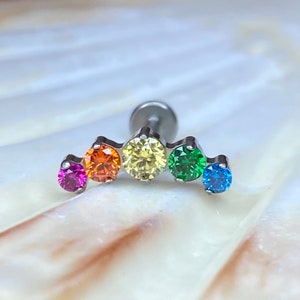 RAINBOW CLUSTER Implant Grade ASTM:F-136 Titanium Labret 1.2x8/10mm Swarovski Crystal Ear Stud Internal Threaded Ear Piercing  BodyJewellery