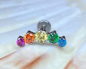 RAINBOW CLUSTER Implant Grade ASTM:F-136 Titanium Labret 1.2x8/10mm Swarovski Crystal Ear Stud Internal Threaded Ear Piercing  BodyJewellery