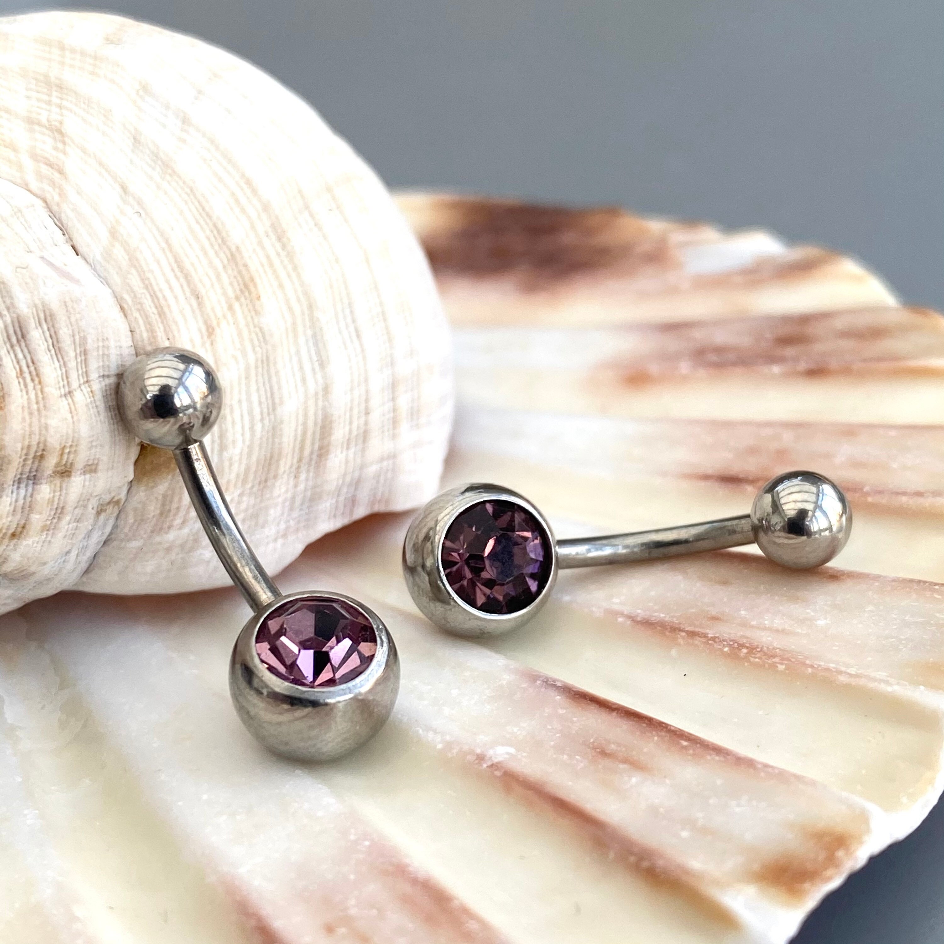 316L Surgical Steel Single Gem Navel bar Cubic Zirconia Purple Colour