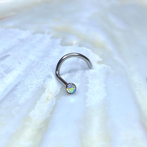 0.8mm 316L Surgical Steel NOSE Stud with Curved End, 2mm AB Crystal Gem Cup Top