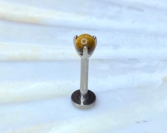 TIGER EYE Ball Top Medical grade titanium ASTM F136 Internal Thread Labret Stud Tragus Lobe Helix Flat Conch size:1.2 x 8/10mm