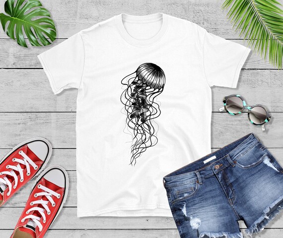 Jellyfish Unisex White Cotton T Shirt Tattoo Style Design Etsy