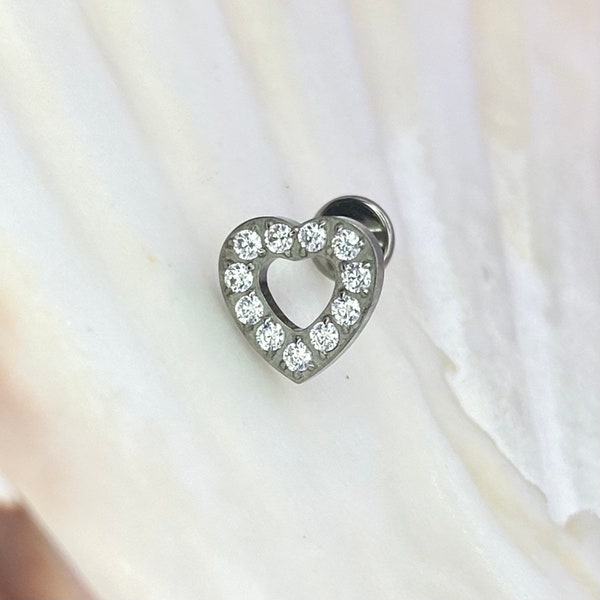 Open Heart Top Clear gem Internal Thread Medical grade titanium ASTM F136 Labret Stud Tragus Lobe Helix Flat Jewellery size:1.2 x 6/8/10mm