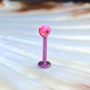 PINK ANODIZED Medical grade Internal thread ASTM:F-136 titanium Labret, Pink Opal Claw set Ball Top 1.2x6/8mm lobe helix cartilage tragus