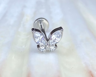 BUTTERFLY Clear Gem Top Medical grade ASTM:F-136 titanium labret 1.2x8/10mm Internal thread conch,helix,tragus,ear lobe flat jewellery