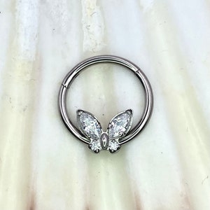 Medical Grade Titanium Forward Facing Butterfly Design Hinged Ring Clicker Ring with Clear Gems in wings Cartilage Earring size 1.2 x 10mm