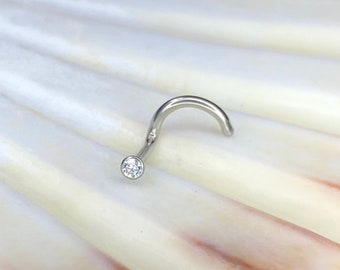 Medical Grade Titanium NOSE Stud with Curved End, 1mm stem thickness, 2mm Clear Gem Cup Top