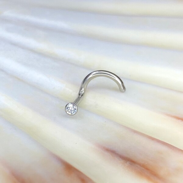 Medical Grade Titanium NOSE Stud with Curved End, 1mm stem thickness, 2mm Clear Gem Cup Top