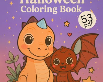 May include: A Halloween Coloring Book cover featuring a friendly orange dinosaur and a brown bat with large eyes. The book has the text "Halloween Coloring Book" and "53 pdf" on a purple and pink background with stars.