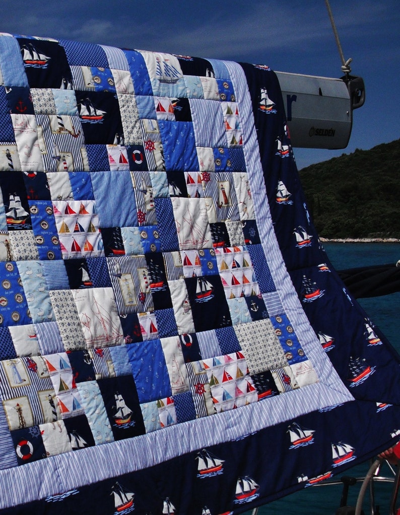 Already sold High-quality unique quilt made of designer quality fabrics, lovingly color-coordinated, finely quilted.Quilt for sailors image 4