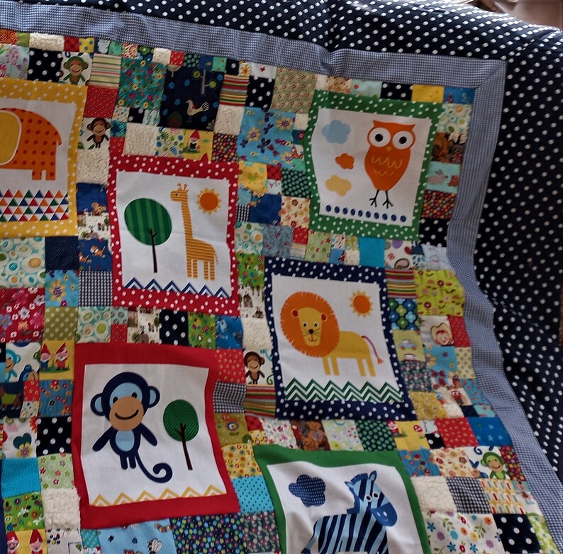 In process Cuddly soft crawling baby blanket. Colorful quality fabrics with animals 120 squares,lovingly coordinated, with feeling elements image 5