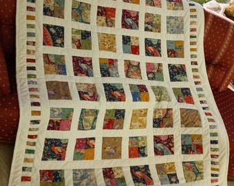 High quality unique patchwork / quilt made of designer quality fabrics, cream / red, lovingly color coordinated, finely stitched