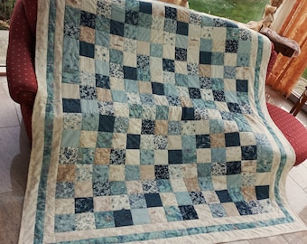 Elaborate high-quality unique patchwork quilt made of designer quality fabrics, lovingly color-coordinated, finely quilted