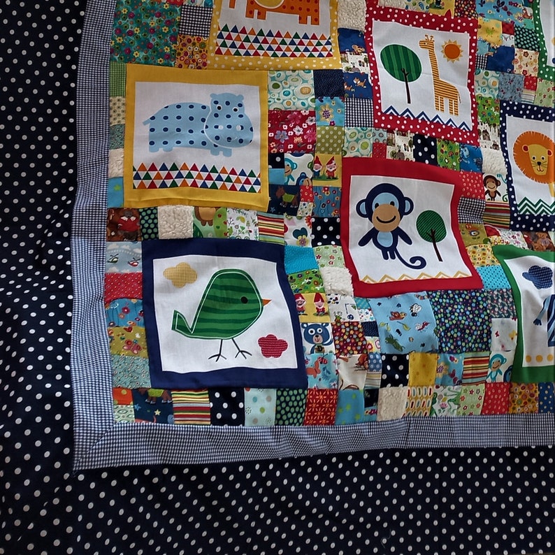 In process Cuddly soft crawling baby blanket. Colorful quality fabrics with animals 120 squares,lovingly coordinated, with feeling elements image 6