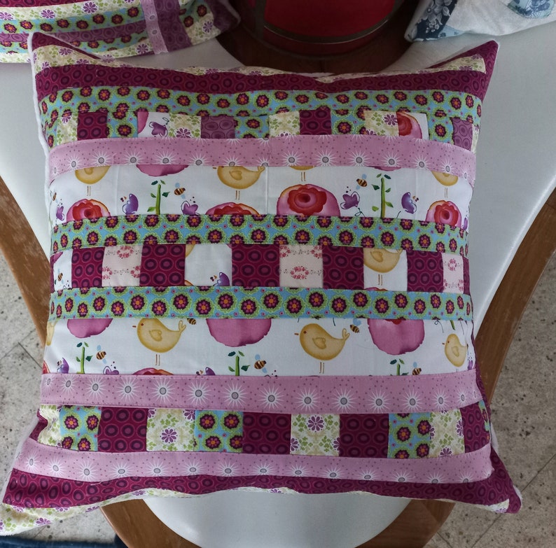 High-quality, unique patchwork cushion cover made from designer quality fabrics, lovingly coordinated in color, finely quilted image 3