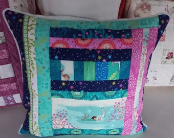 High-quality, unique patchwork cushion cover made from designer quality fabrics, lovingly coordinated in color, finely quilted!