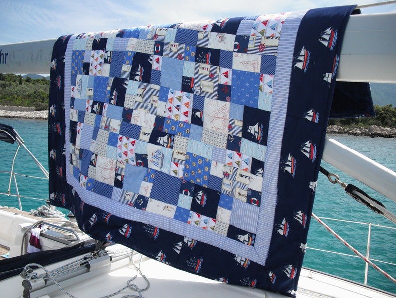 Already sold High-quality unique quilt made of designer quality fabrics, lovingly color-coordinated, finely quilted.Quilt for sailors image 2