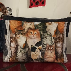 Könnte beinhalten: Ein rechteckiger Stoff-Aufbewahrungskorb mit einer Collage verschiedener Katzenrassen. Die Katzen haben unterschiedliche Fellfarben und -muster, darunter orange, grau und Schildpatt. Der Korb hat einen grauen oberen Rand und Spitzentrimm.