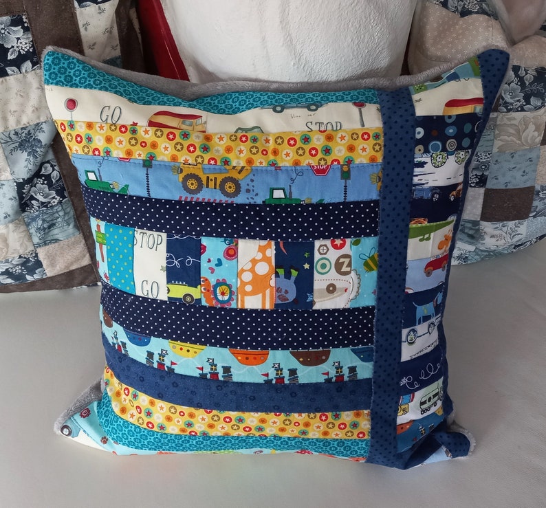 High-quality, unique patchwork cushion cover made from designer quality fabrics, lovingly coordinated in color, finely quilted image 1