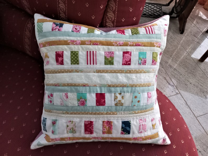 High-quality, unique patchwork cushion cover made from designer quality fabrics, lovingly colour-coordinated, finely quilted image 1