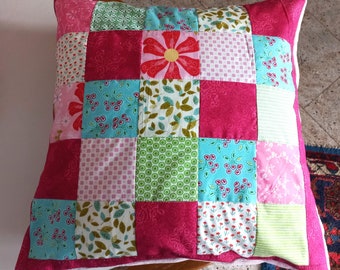 High-quality, unique patchwork cushion cover made from designer quality fabrics, lovingly coordinated in color, finely quilted!