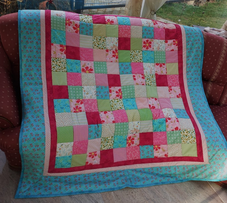 Elaborate high-quality unique patchwork quilt made of designer quality fabrics, lovingly color-coordinated, finely quilted image 1