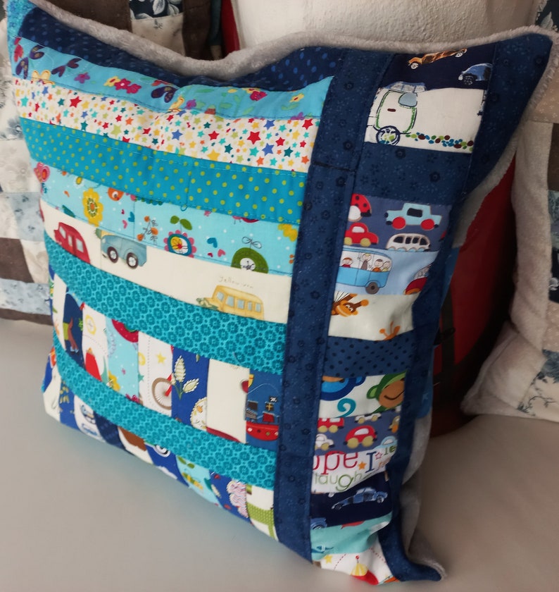 High-quality, unique patchwork cushion cover made from designer quality fabrics, lovingly coordinated in color, finely quilted image 4