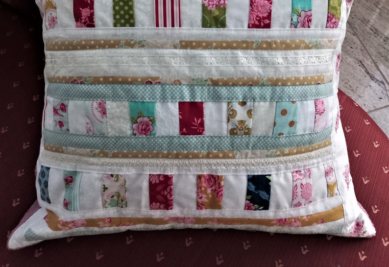 High-quality, unique patchwork cushion cover made from designer quality fabrics, lovingly colour-coordinated, finely quilted image 4