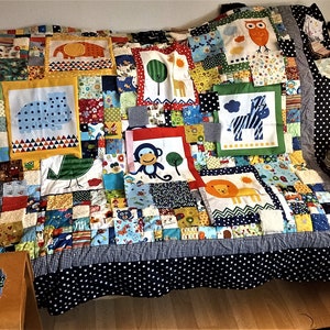 In process Cuddly soft crawling baby blanket. Colorful quality fabrics with animals 120 squares,lovingly coordinated, with feeling elements image 3