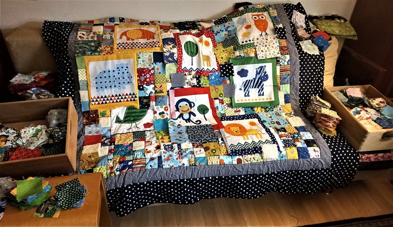 In process Cuddly soft crawling baby blanket. Colorful quality fabrics with animals 120 squares,lovingly coordinated, with feeling elements image 3