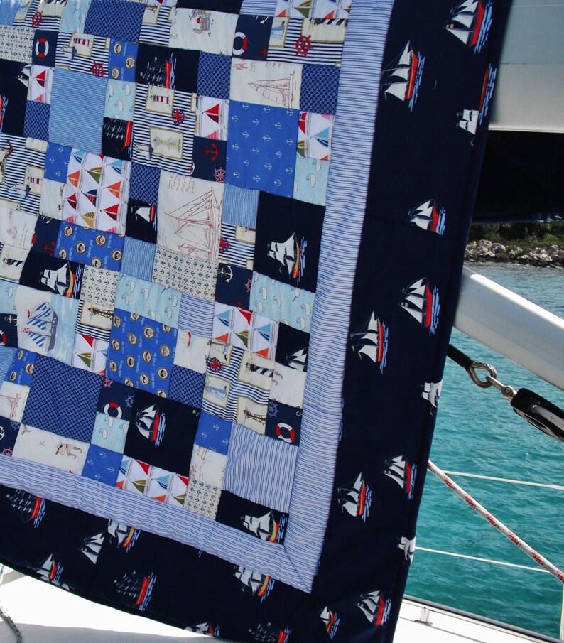 Already sold High-quality unique quilt made of designer quality fabrics, lovingly color-coordinated, finely quilted.Quilt for sailors image 1