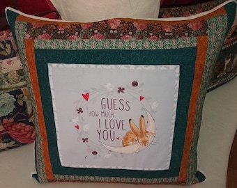 High-quality, unique patchwork cushion cover made from designer quality fabrics, lovingly color-coordinated and finely quilted!