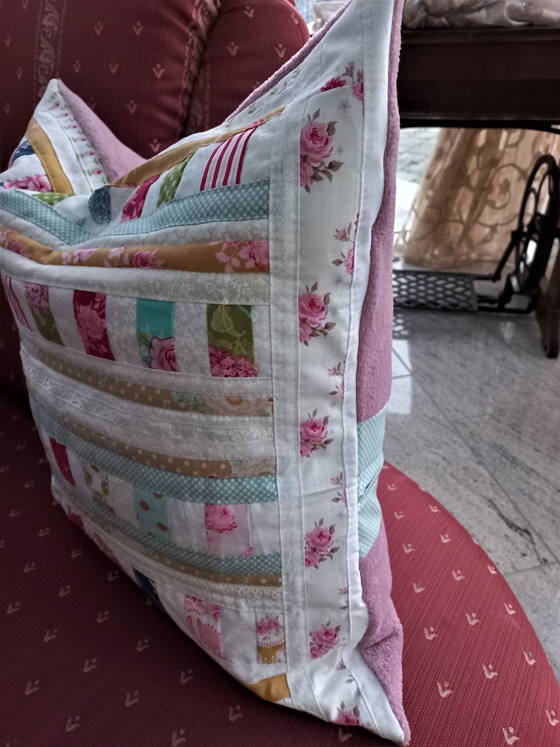 High-quality, unique patchwork cushion cover made from designer quality fabrics, lovingly colour-coordinated, finely quilted image 5