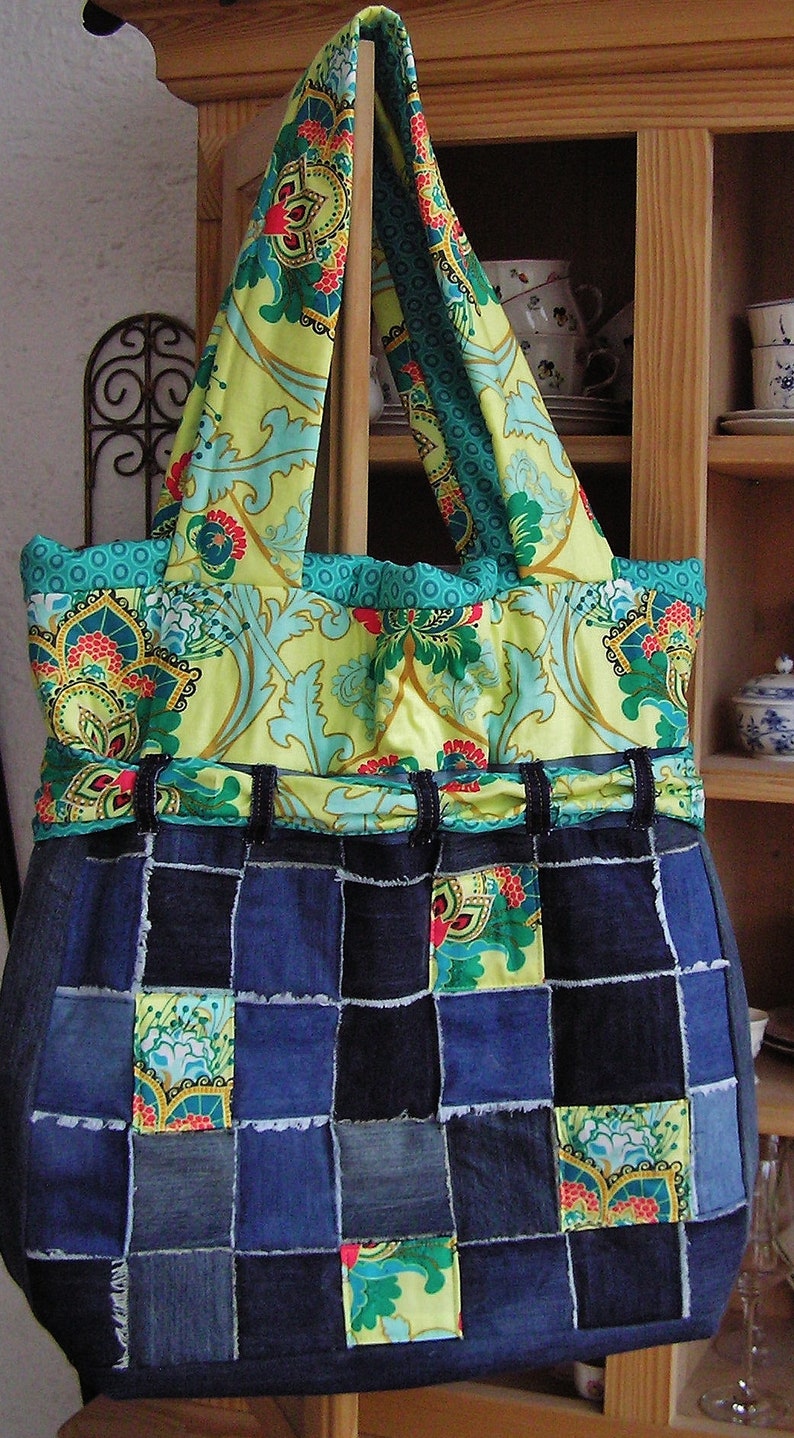 High-quality unique patchwork beach bag made of jeans and designer quality fabrics, lovingly color coordinated, finely stitched image 3