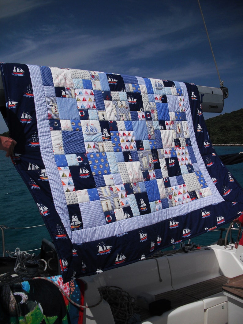 Already sold High-quality unique quilt made of designer quality fabrics, lovingly color-coordinated, finely quilted.Quilt for sailors image 5