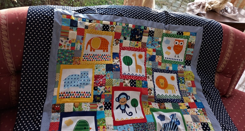 In process Cuddly soft crawling baby blanket. Colorful quality fabrics with animals 120 squares,lovingly coordinated, with feeling elements image 4