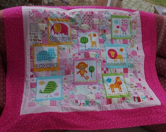 Sold! Cuddly soft crawling baby blanket. Colorful quality fabrics with animals 120 squares,lovingly coordinated, with feeling elements