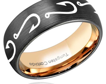 Thorsten Wildlife Salmon Fish Sea Print Pattern Ring Flat Black Tungsten Ring 4mm Wide Wedding Band from Roy Rose Jewelry