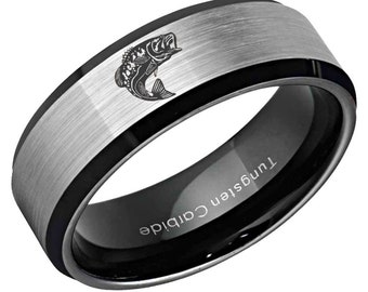 His Promise Ring Fishing Boat Fishermen Fish Engraved Ring His Tungsten Ring Fish Engraved Ring Unique Custom Ring Mens Wedding Band