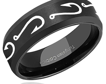 Thorsten Multiple Fishing Hook Pattern Ring Flat Black Tungsten Ring 12mm Wide Wedding Band from Roy Rose Jewelry