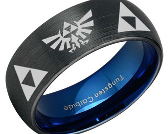 6, 8mm Zelda Triforce Inspired Tungsten Ring, Dome Black Blue Tungsten Zelda Wedding Ring, His Hers Triforce Band