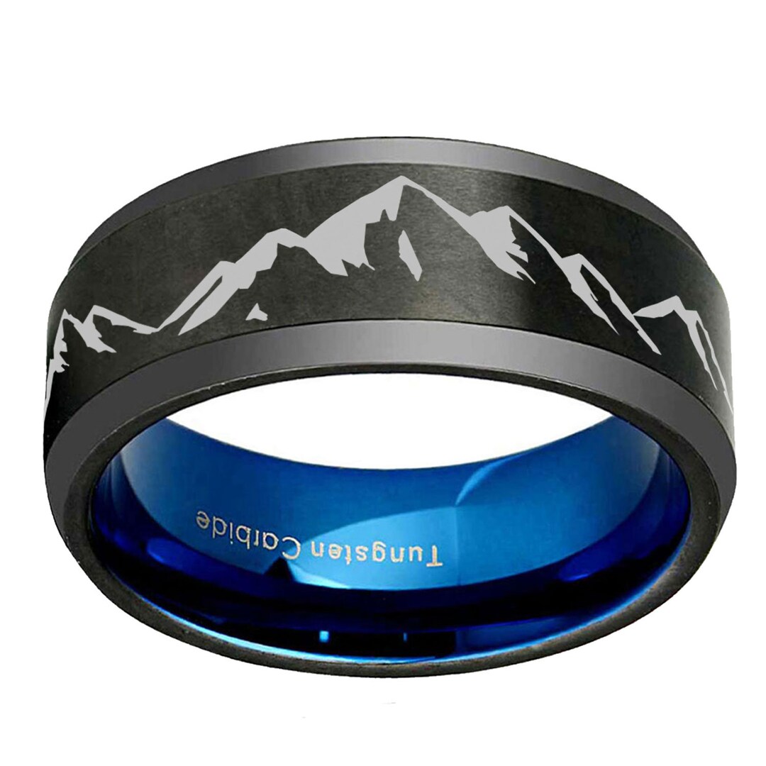Tungsten Mountain Ring Blue, 8mm Beveled Matte Black Tungsten Nature