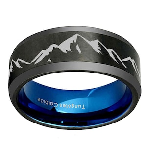 Tungsten Mountain Ring Blue, 8mm Beveled Matte Black Tungsten Nature Wedding Band, Friendship Gifts