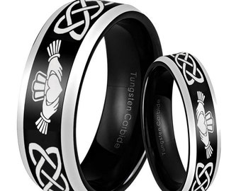 His Hers Irish Claddagh Ring Sets, Beveled Edge Black Two Tone Tungsten Claddagh Couple Rings Set, Personalized Gifts
