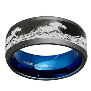 10mm Tungsten Wave Pattern Ring, Black Tungsten Ocean Wave Wedding Band, Surf Jewelry, Gifts For Dad