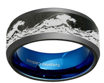 10mm Tungsten Wave Pattern Ring, Black Tungsten Ocean Wave Wedding Band, Surf Jewelry, Gifts For Dad