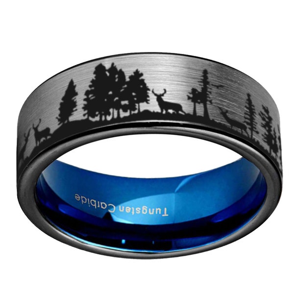 8mm Deer Scene Pipe Cut Tungsten Ring, Deer Hunting Antler Ring, Forest Landscape Wedding Band, Personalized Gifts