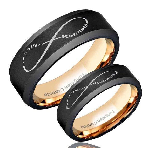 Beveled Edges Tungsten Ring His Hers Black Tungsten Wedding Band Set Promise Rings For Couples 5mm 8mm Blue Tungsten Wedding Ring Sets